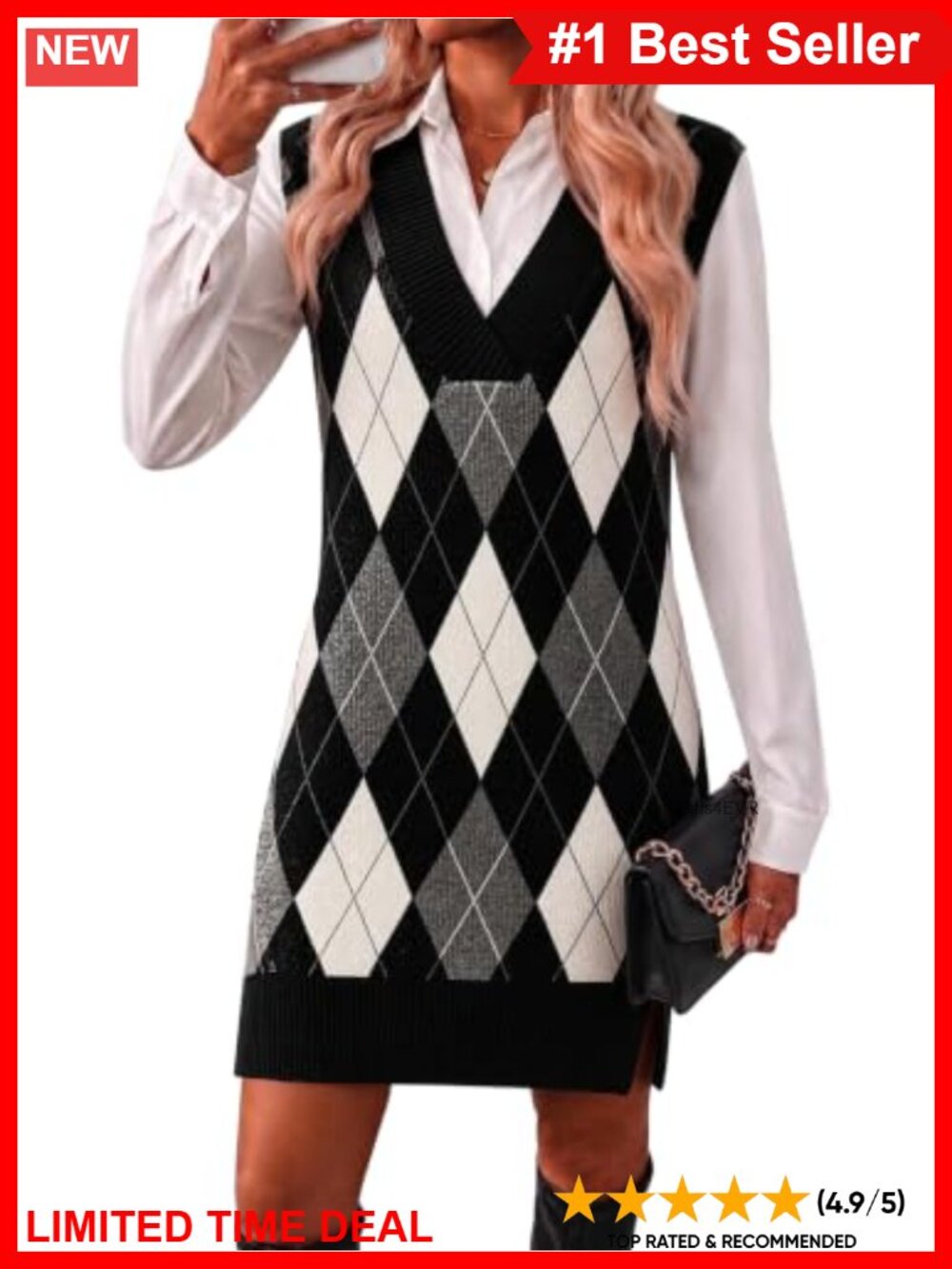 V Neck Knit Sweater Vest Dress Sleeveless Oversized Casual Pullover